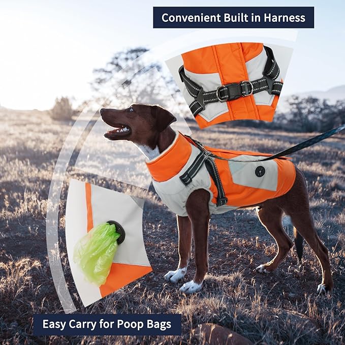 IECOii Dog Coat for Large Dogs Waterproof Dog Winter Jacket with Harness Built in, Orange - XXLarge, Thermal Warm Fleece Lined, Reflective Dogs Jackets for Cold Weather Camping, Hiking, Pitbull