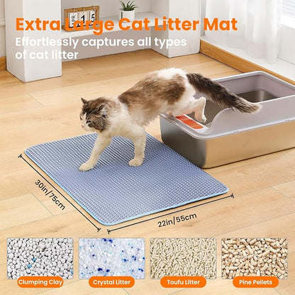 Petinstinct Extra Large Cat Litter Mat, 30x22 Inches Honeycomb Double Layer Cat Litter Trapping Mat, Non Slip Waterproof Urine Proof Large Kitty Litter Box Mat for Floor, Kitten Supplies, XL, Blue