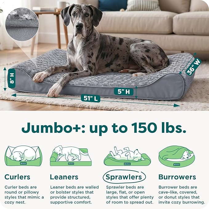 Furhaven Cooling Gel Dog Bed for Large Dogs w/ Removable Washable Cover, For Dogs Up to 150 lbs - Ultra Plush Faux Fur & Suede Luxe Lounger Contour Mattress - Gray, Jumbo Plus/XXL