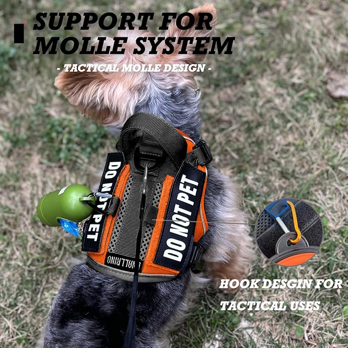Tactical Dog and Cat Harness for XS and Small Puppy, Air Pet Vest No Pull with Reflective Do Not Pet Patches, Breathable Dog Molle Vests for Training Walking Hunting Orange