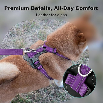 Plutus Pet Adjustable No Pull Dog Harness with Leather Accents, Heavy Duty Reflective Nylon Vest for Training, Hiking, Easy Walk Harness for Small, Medium, Large Dogs (Purple, XL)