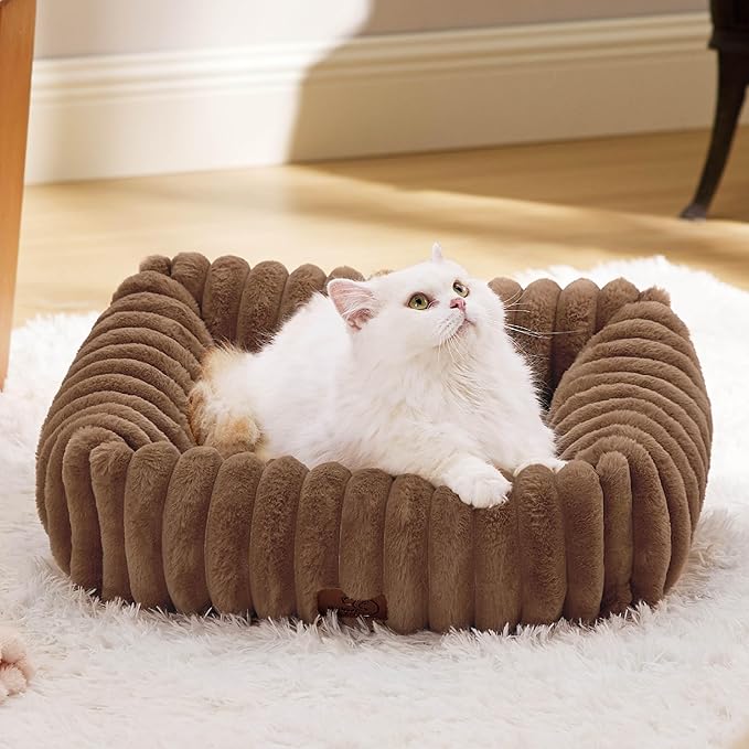Bedsure ComfyFleece Cute Dog Bed for Small Dogs & Cats - Washable Furry Puppy Beds, Rectangle Orthopedic Corduroy Fleece Pet Beds with Removable Zipper Cover, 20x19x6inches, Camel Brown