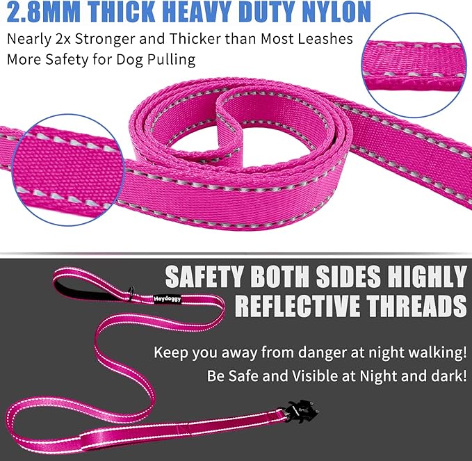 Strong Heavy Duty Dog Leash - 5ft Reflective Nylon Training Leash with Soft Padded Double Handle & Auto Lock Frog Clip - Safety Traffic Control for Large Medium Small Dogs No Pull Walk Hot Pink,5ft