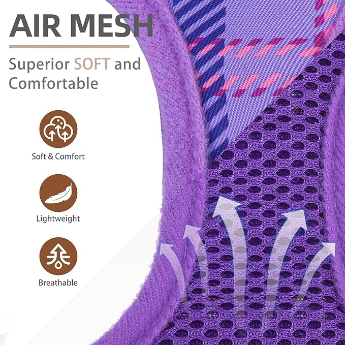 PUPTECK Dog Harness and Leash Set for Small Medium Dogs No Pull Step-in Soft Mesh Puppy Cat Vest Harnesses Reflective at Night, Plaid Pattern Purple M