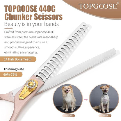 TOPGOOSE Thinning Shears for Dogs and Cats Pet Grooming Scissors Chunkers Shears 440C Stainless Steel Professional Dog Trimming Scissors 7.5'' (Rose Gold, Chunker)