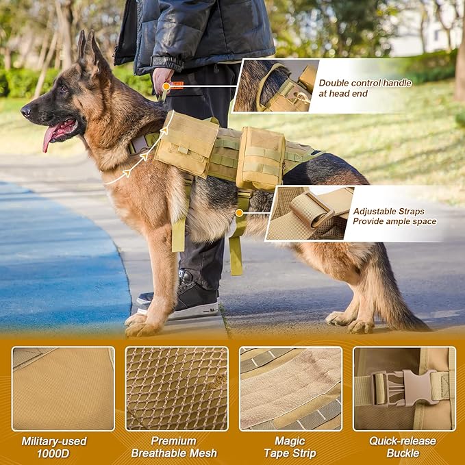 AIWAI Tactical Dog Harness with Pouches,Dog Vest Harness for Large Medium Dogs No-Pull Adjustable Military Dog Harness with Handle Walking Hiking Training (Camouflage, S)