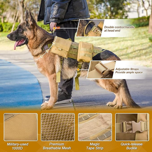 AIWAI Tactical Dog Harness with Pouches,Dog Vest Harness for Large Medium Dogs No-Pull Adjustable Military Dog Harness with Handle Walking Hiking Training (Camouflage, XL)