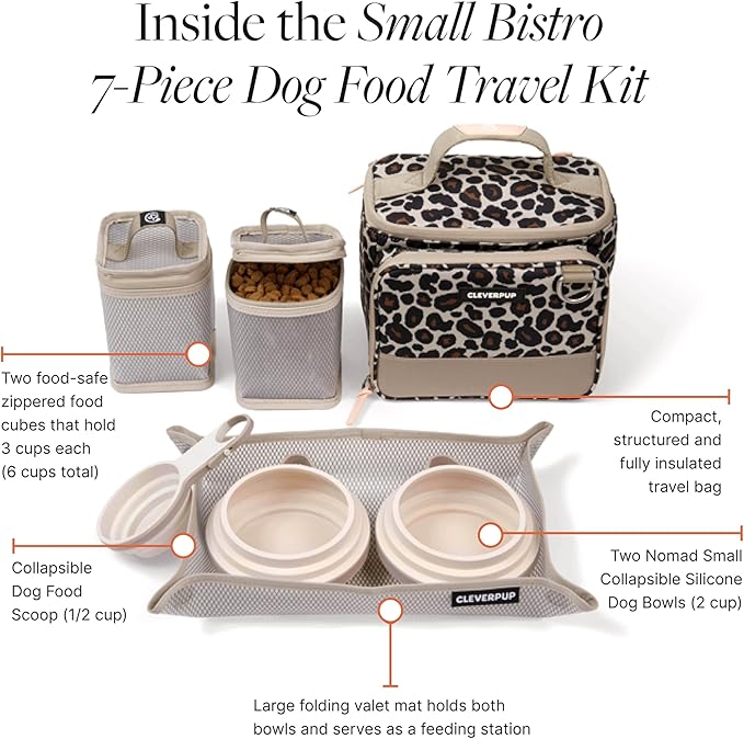 Cleverpup, Small 7-Piece Bistro Box Dog Food Travel Kit, 6-Cup Kibble Storage, 2 Silicone Bowls, Mat & Scoop - Premium Portable Pet Food Kit for Weekends, Overnights, Daycare & Camping, Leopard