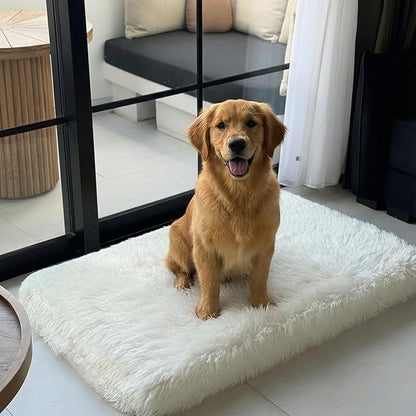 IHAPPYDOG Luxury Faux Fur Orthopedic Dog Beds, Memory Foam Crate Bed for Small, Medium, Large and XL Pets, Fluffy Pet Bed with Waterproof and Washable Cover, Fits Crates (White, XL 47" x 29")