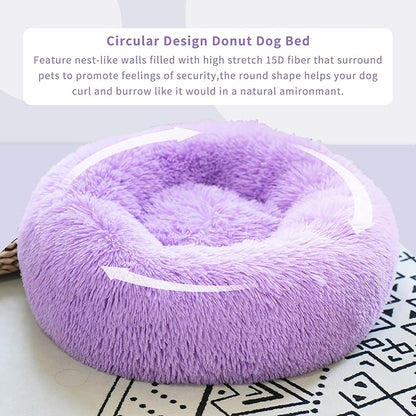 Calming Donut Dogs Beds for Small Dogs Washable,19inch Fluffy Round Puppy Bed for Puppies,Cats & Toy Breeds with Raised Rim,Fits up to 15 lbs Pets,Purple