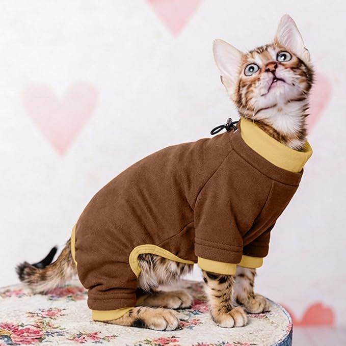 PUMYPOREITY Cat Recovery Suit, Stops Wound Licking After Surgery, Sticky Hair Shirt with Sticky Fabric, Cat Pajamas Prevents Over-Grooming, Brown, S