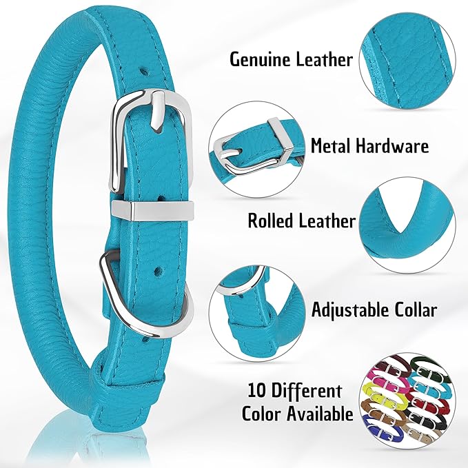 OOPSDOGGY Rolled Leather Dog Collar Soft Roll Collars for Small Medium Large Dogs Puppy (Blue, XXL, 20"-24")