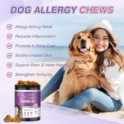 Dog Allergy Chews 200ct - Dog Allergy and Itching Skin Relief Anti Itch Aller Immune Bites for Dogs licking Paws Treatment Relief Itchy Chew Probiotics Vitamins for Skin and Coat Allergies - Lamb