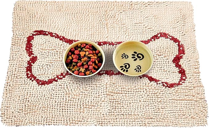 Soggy Doggy Slopmat - Beige/Red Bone - 18” x 24″ - Water Absorbing Door Mat for Muddy Paws and Food/Water Bowls - Microfiber Chenille Small Doormat - Machine Washable