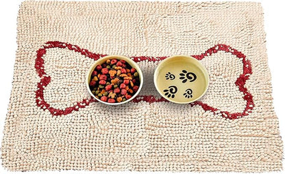 Soggy Doggy Slopmat - Beige/Red Bone - 18” x 24″ - Water Absorbing Door Mat for Muddy Paws and Food/Water Bowls - Microfiber Chenille Small Doormat - Machine Washable