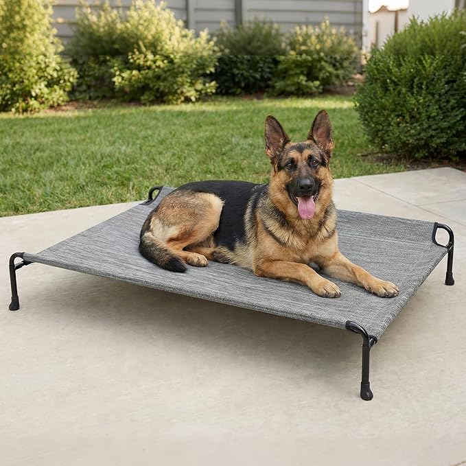 Veehoo Outdoor Elevated Dog Bed, Extra Large Raised Dog Bed with Headrest Sides, Washable Cooling Dog Cot with Non-Skid Feet, Breathable Mesh, Pet Hammock for Indoor or Camping, 47", Black Silver