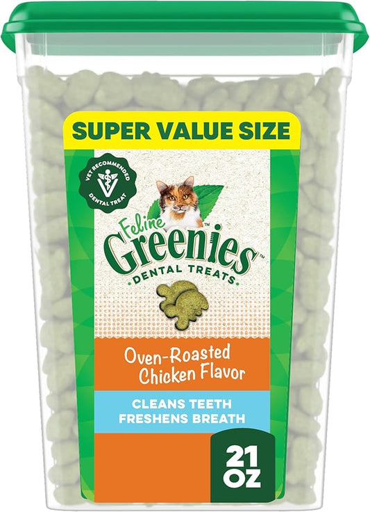 Greenies Feline Veterinarian-Recommended Adult Natural Dental Cat Treats, Oven Roasted Chicken Flavor, 21 oz. Tub