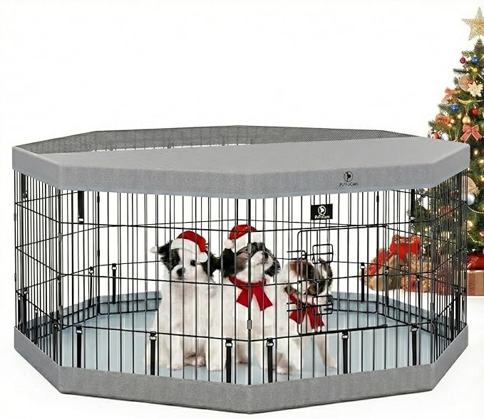 PJYuCien Dog Playpen, 8 Panels 24”H Dog Playpen Indoor with Grey Bottom Pad and Top Cover, Metal Foldable Dog Pen for Indoor Use, Only for Small Medium Animals, Grey