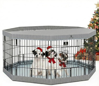 PJYuCien Dog Playpen, 8 Panels 24”H Dog Playpen Indoor with Grey Bottom Pad and Top Cover, Metal Foldable Dog Pen for Indoor Use, Only for Small Medium Animals, Grey