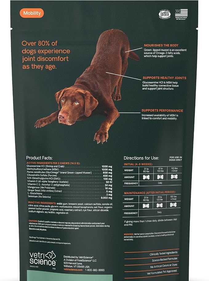 VetriScience GlycoFlex Ultimate Strength Healthy Chews– Dog Hip and Joint Supplement with Glucosamine, MSM for Dogs & Green Lipped Mussel for Dogs, Peanut Butter, 60Count - New Look