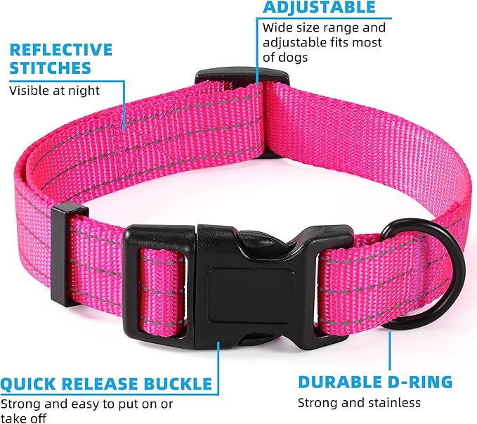 Mile High Life Dog Collar | Nylon Reflective Dog Collars | Light Weight Puppy Collars | Pink Dog Collars for Large Dogs (Solid Pink, Large)