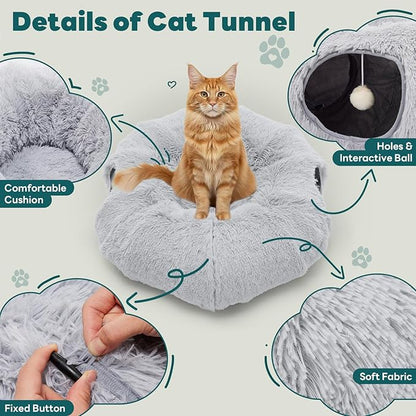 DUMOS Cat Tunnel Bed for Indoor Cats Cave Donut Play Tunnel with Soft Plush Peekaboo, Circle Cushion, Washable Multifunctional Playground Under Tree Pet Toys for Kittens, Puppy Rabbit, Ferret - Grey
