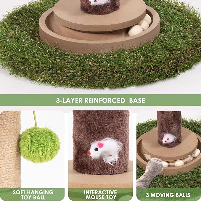Cat Scratching Post, 35 Inch Tall Cat Scratcher Cat Tree Tower with Hanging Ball for Indoor Cats Adults,Areca Palm Sisal Rope Kitten Scratch with Interactive Mouse Cat Toy