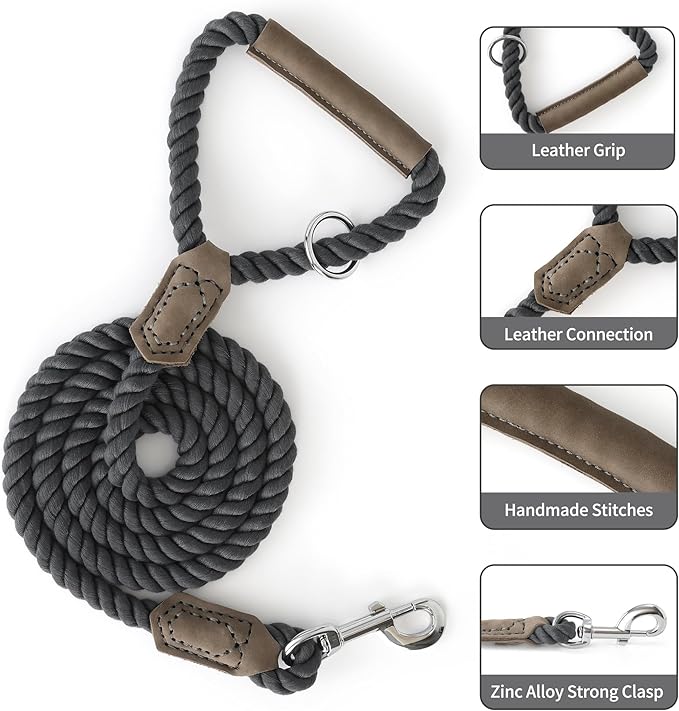 Mile High Life Dog Leash, Braided Cotton Rope Leashes with Leather Handle - Heavy Duty Metal Clasp, 4FT, 1/2" Thick - Wedding, Walking & Training Leash for Small Medium Large Dogs (Gray)