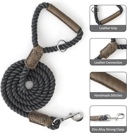 Mile High Life Dog Leash, Braided Cotton Rope Leashes with Leather Handle - Heavy Duty Metal Clasp, 4FT, 1/2" Thick - Wedding, Walking & Training Leash for Small Medium Large Dogs (Gray)