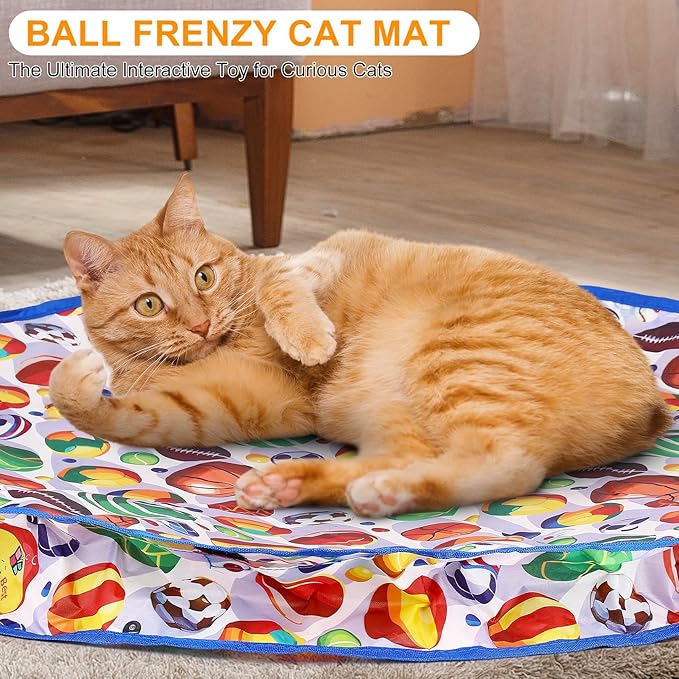 Hoobest Ball Frenzy Cat Mat Interactive with Motion Sensor | Rechargeable Ball with Beep & LED Lights | Engaging Game for Indoor Cats, Reduces Boredom & Encourages Play (Double Layer) (Sport Balls)
