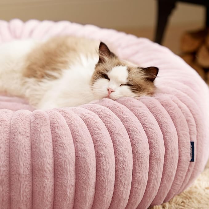 Bedsure ComfyFleece Cat beds for Indoor Cats - Donut Dog Beds for Small Dogs with Corduroy Fleece & Anti Slip Bottom, Faux Fur Pet Beds with Washable Removable Cover, Blush Pink, 20x20x6 inches