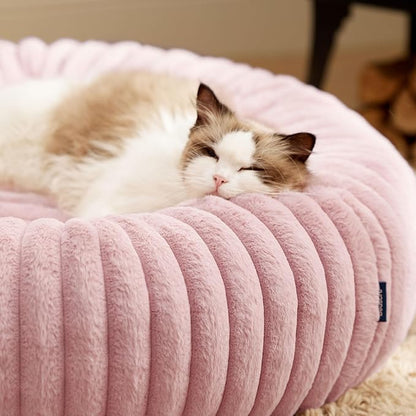 Bedsure ComfyFleece Cat beds for Indoor Cats - Donut Dog Beds for Small Dogs with Corduroy Fleece & Anti Slip Bottom, Faux Fur Pet Beds with Washable Removable Cover, Blush Pink, 20x20x6 inches