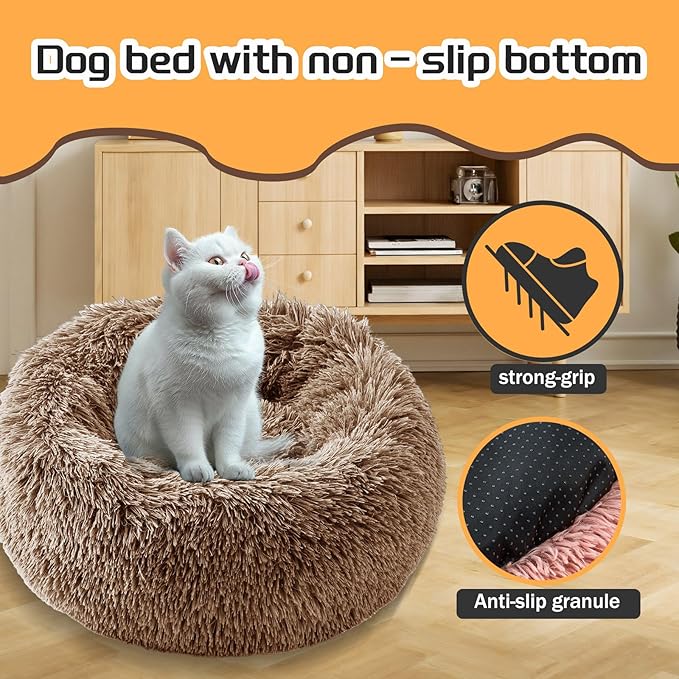 Comfort Donut Dog Bed for Small Dogs, Cat Bed & Pet Bed for Indoor Use, Medium Size with Soft Plush, Round Dog Beds for Large Dogs and Cats (Light Brown, 20''Lx20''Wx8''Th)