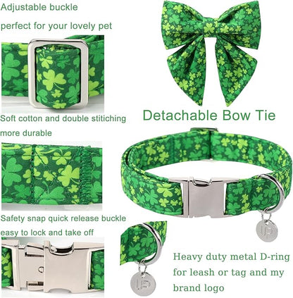 St. Patrick's Day Dog Collar with Bow Tie, Cotton St. Patrick's Day Bowtie Collar for Girl Boy Dosg, Lucky Shamrock Pet Collars with Metal Buckle, Spring, L, Neck 16-24in