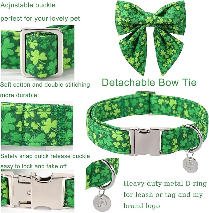 St. Patrick's Day Dog Collar with Bow Tie, Lucky Shamrock Bowtie Collar Adjustable for Girl Boy Dog, Trefoil Dogs Collars Durable, Spring Green Collars for Dogs, M, Neck 13.5-22in