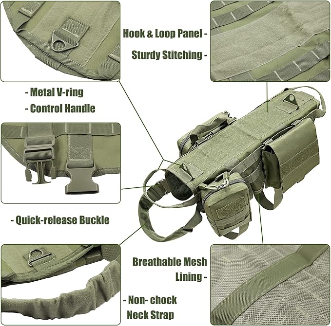 AIWAI Tactical Dog Harness with Pouches,Dog Vest Harness for Large Medium Dogs No-Pull Adjustable Military Dog Harness with Handle Walking Hiking Training (Army Green, M)