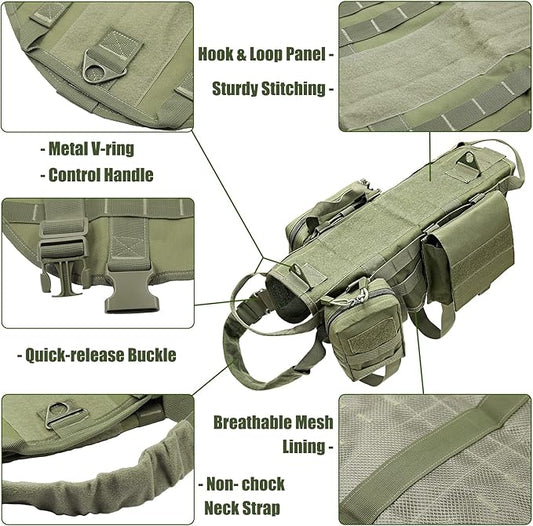 AIWAI Tactical Dog Harness with Pouches,Dog Vest Harness for Large Medium Dogs No-Pull Adjustable Military Dog Harness with Handle Walking Hiking Training (Army Green, L)