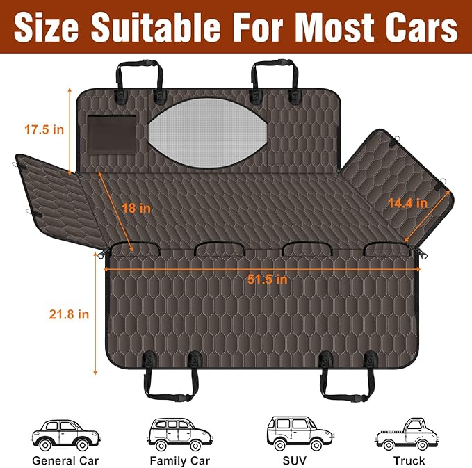 NECKORY Waterproof Dog Car Seat Cover - Scratch Proof Nonslip Back Seat Hammock with Mesh Window & Storage Pocket for SUVs/Trucks/Sedans-S, Brown/Black