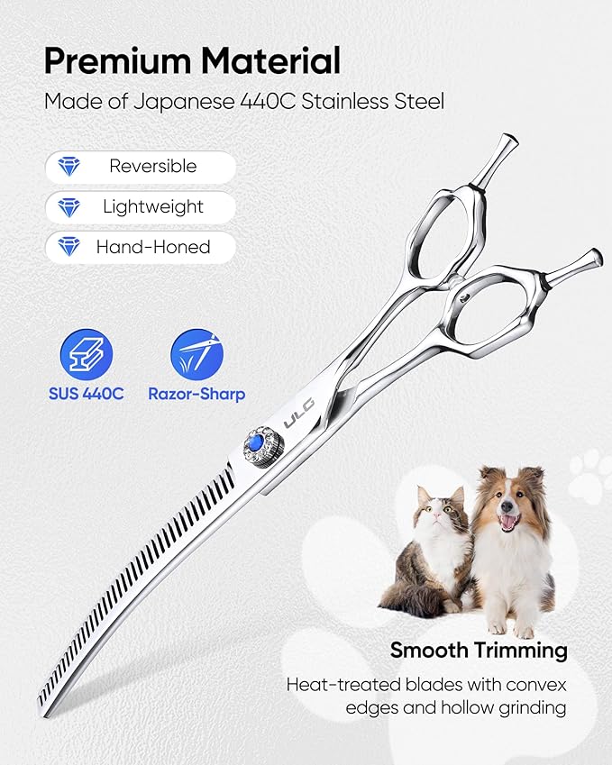 ULG Dog Grooming Scissors 40-Tooth 7.0” Curved Thinning Scissors Seamless 15%-20% Thinning Rate 440C Japanese Stainless Steel Tension Adjustable Left & Right Handed Pet Grooming Shears