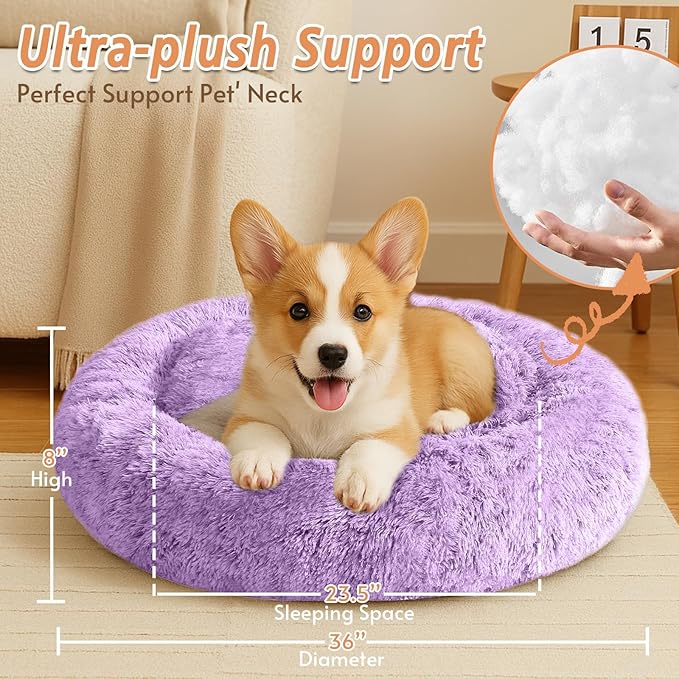JOLLYVOGUE Calming Dog Bed Large Size Dog, Anti-Anxiety Donut Large Pet Bed, 36 inches Fluffy Faux Fur Round Cat Bed, Fits up to 75 lbs Pets (Purple)