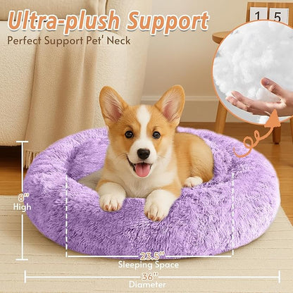 JOLLYVOGUE Calming Dog Bed Large Size Dog, Anti-Anxiety Donut Large Pet Bed, 36 inches Fluffy Faux Fur Round Cat Bed, Fits up to 75 lbs Pets (Purple)