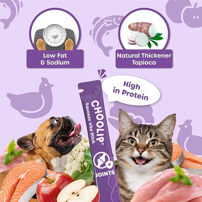 Choolip Squeeze Vita Stick Lickable Cat and Dog Treats, 7-Count Joint Support, Chicken and Salmon with MSM, Green-Lipped Mussel and Vitamin E, Vet-Formulated