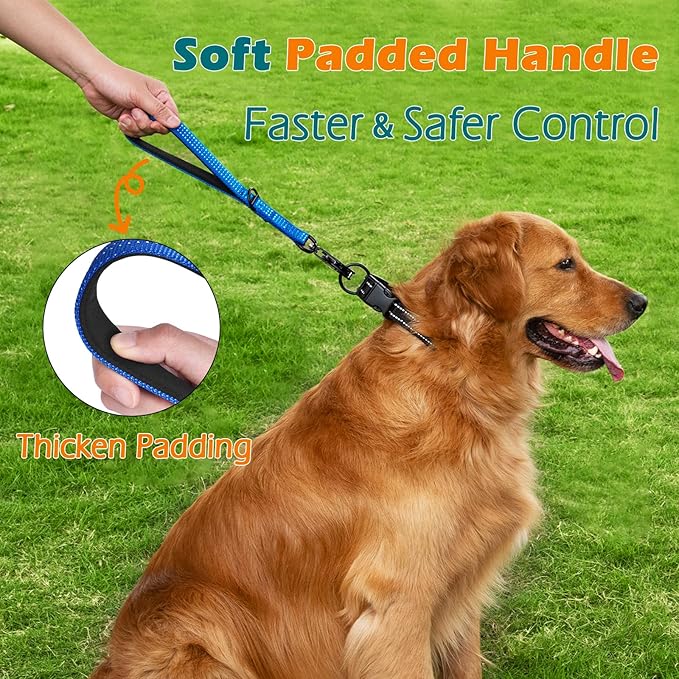 PetBonus Heavy Duty Short Dog Leash, 12 Inch Nylon Traffic Leash with Quick Release Clip, Comfortable Padded Handle, Reflective Training Lead for Medium Large Dogs (Dark Blue, 12")