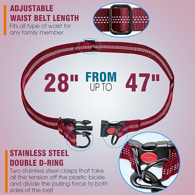 Hands Free Dog Leash with Waist Belt – No-Pull Bungee, Dual Padded Handles & Zipper Pouch for Running, Walking & Training – Adjustable Waist Leash for Large & Medium Dogs (Red)