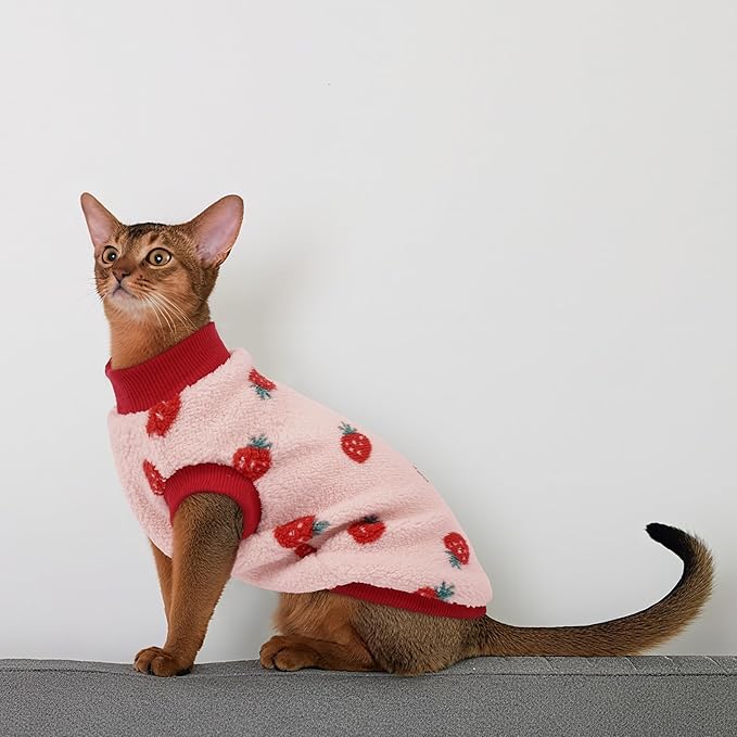 PUMYPOREITY Winter Warm Cat Sweater with Stretch Ribbed Collar & Cuffs, Snug & Secure Fit with Soft Plush Fleece, Easy-On Cat Sweatshirt for Indoor/Outdoor Use,Pink, M