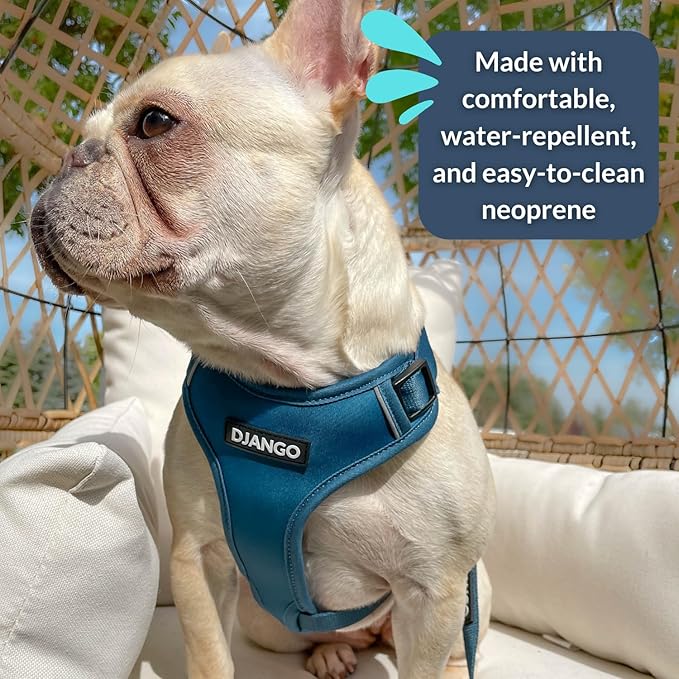 DJANGO Adventure Dog Harness - Stylish and Durable Medium Dog Harness for Outdoor Adventures and Everyday Wear - Indigo Blue Neoprene Adjustable Harness for Dogs with Reflective Piping, Brass D-Ring