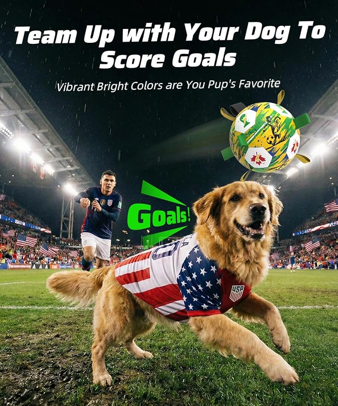 HETOO Dog Toys Ball, Dog Soccer Ball with Straps, Herding Ball for Large Medium Dogs, Rubber Bright Color Tug of War Interactive Toy, Water & Pool Play, for World Cup 2026 Theme, 8 inch
