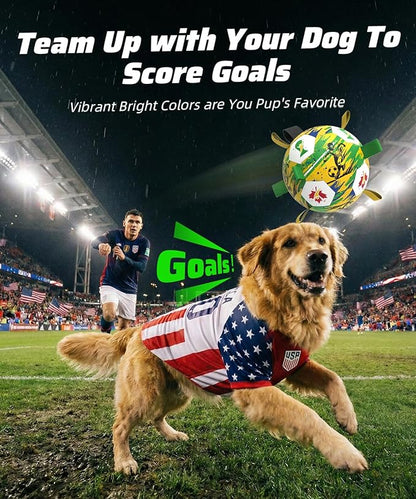 HETOO Dog Toys Ball, Dog Soccer Ball with Straps, Herding Ball for Large Medium Dogs, Rubber Bright Color Tug of War Interactive Toy, Water & Pool Play, for World Cup 2026 Theme, 8 inch