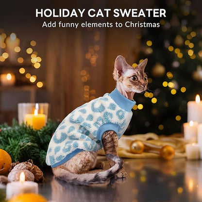 PUMYPOREITY Winter Warm Cat Sweater - Super Soft & Elastic Knit with Plush Fleece, Easy-On Design with Ribbed Neck & Cuffs, Stretchy Cat Outfit for Indoor/Outdoor Use,Blue, L