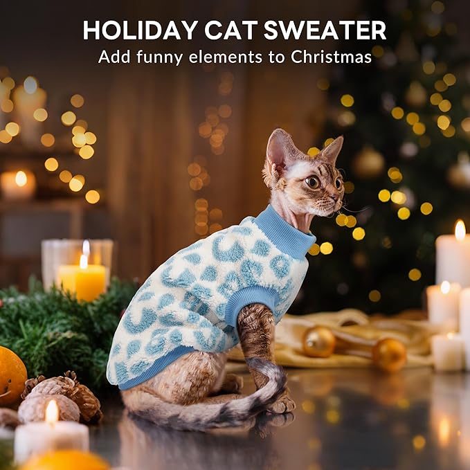 PUMYPOREITY Cozy Fleece Cat Sweater - Stretchy & Warm Knitted Cat Shirt, Super Soft Kitten Sweater, Machine Washable Pet Clothing for Comfort & Style, Blue, XS